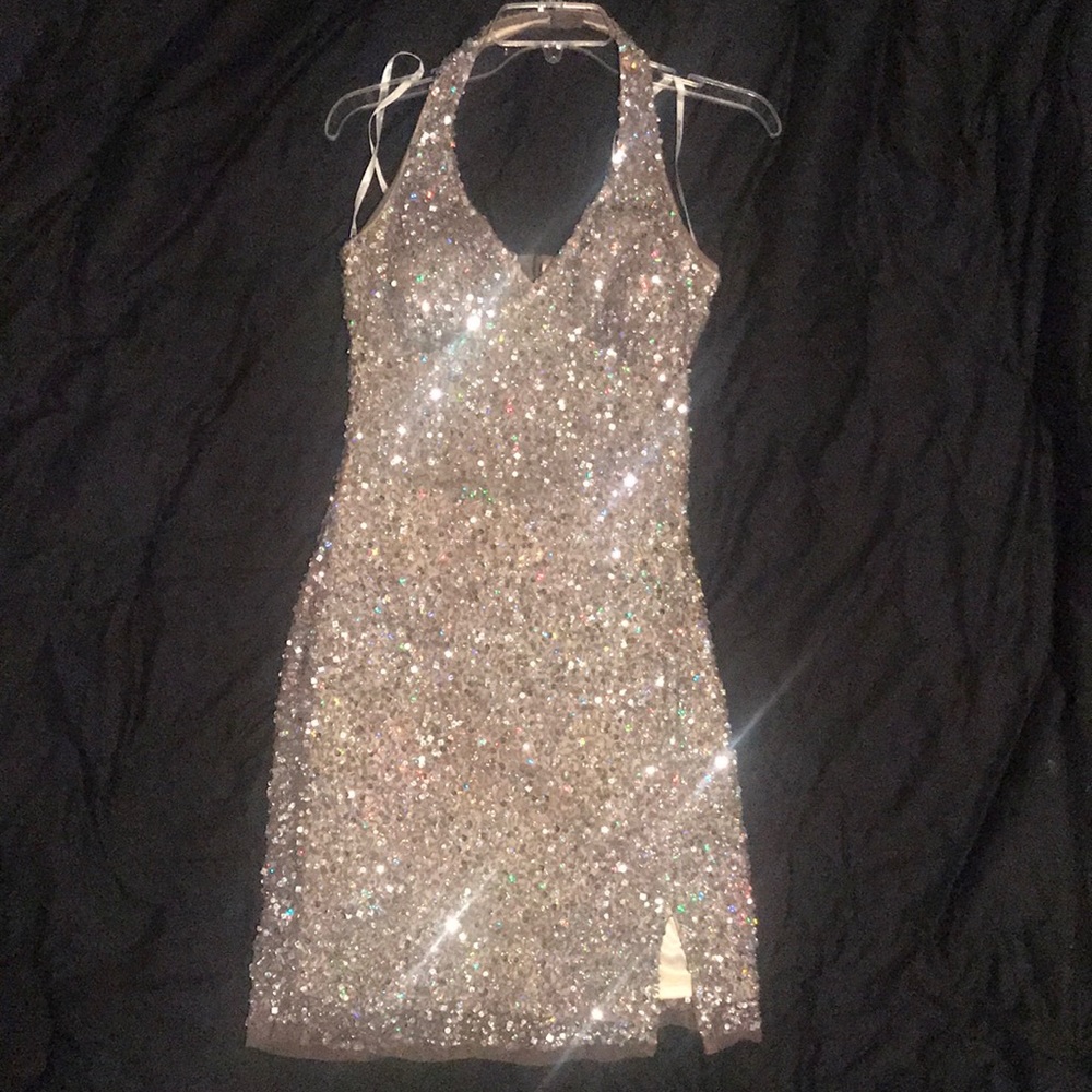 NIGHTWAY Sequin Beaded Halter Mini Dress